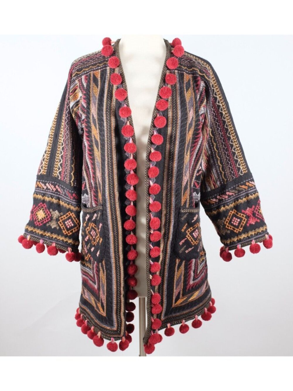 Biya Johnny Was robe jacket sz XS embroidered black red tassels pom pom pockets
